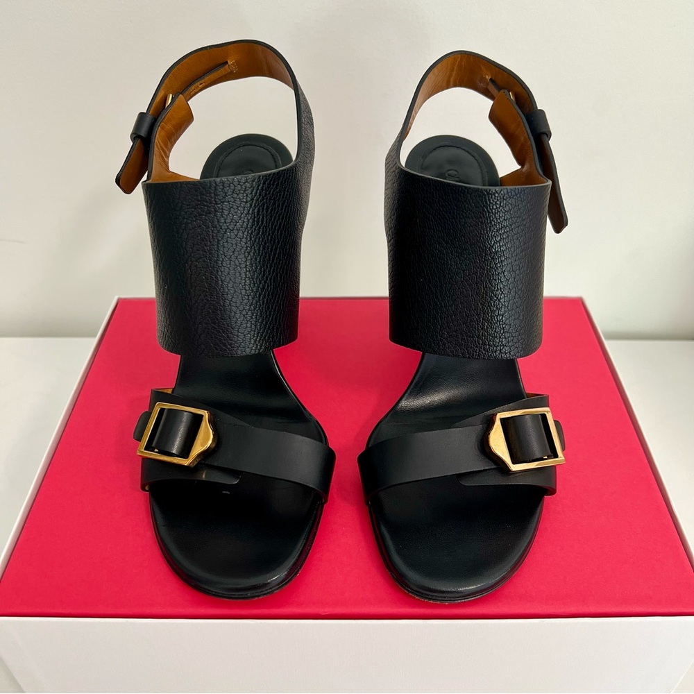 Chloé Mia Leather Slingback Black Sandals with Gold Buckle